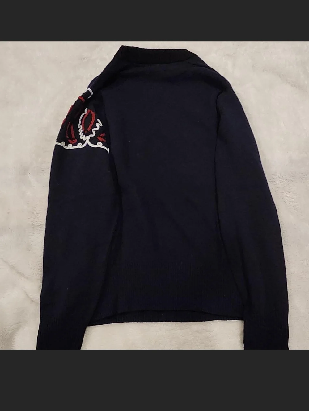 Sacai Navy Crewneck Sweater with Red & White Embroidered Motifs